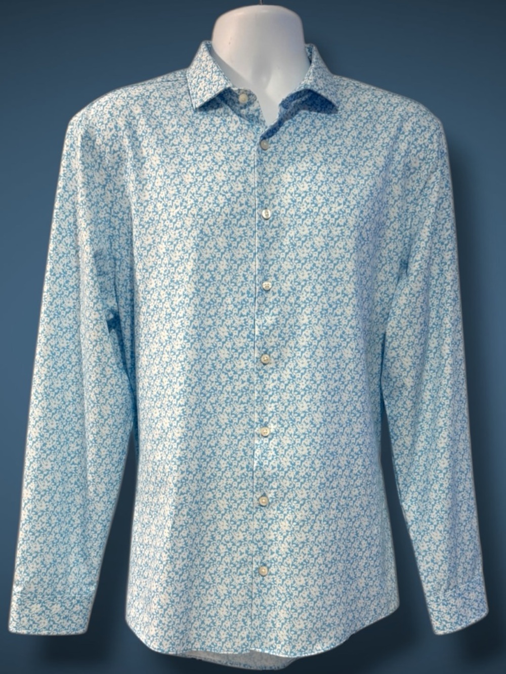 J Ferrar Button Up Dress Shirt Mens L Blue White Floral PrintStretch Long Sleeve